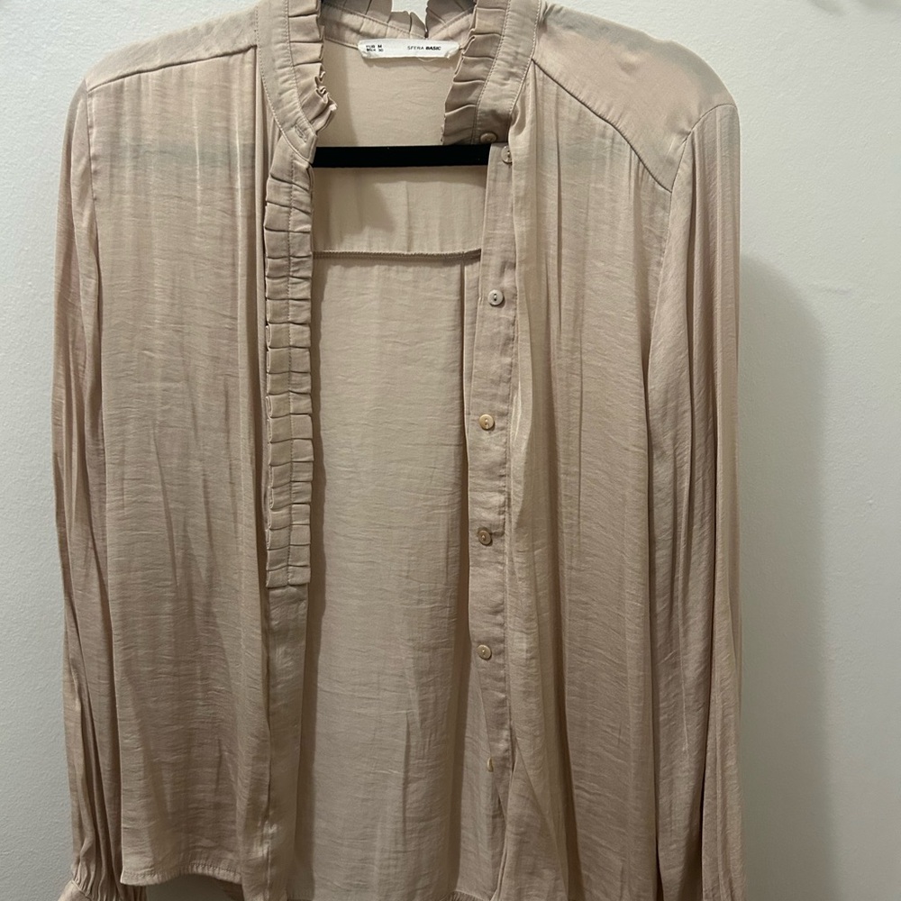 Light Beige Ruffled Collar Button-Down Blouse - Women
